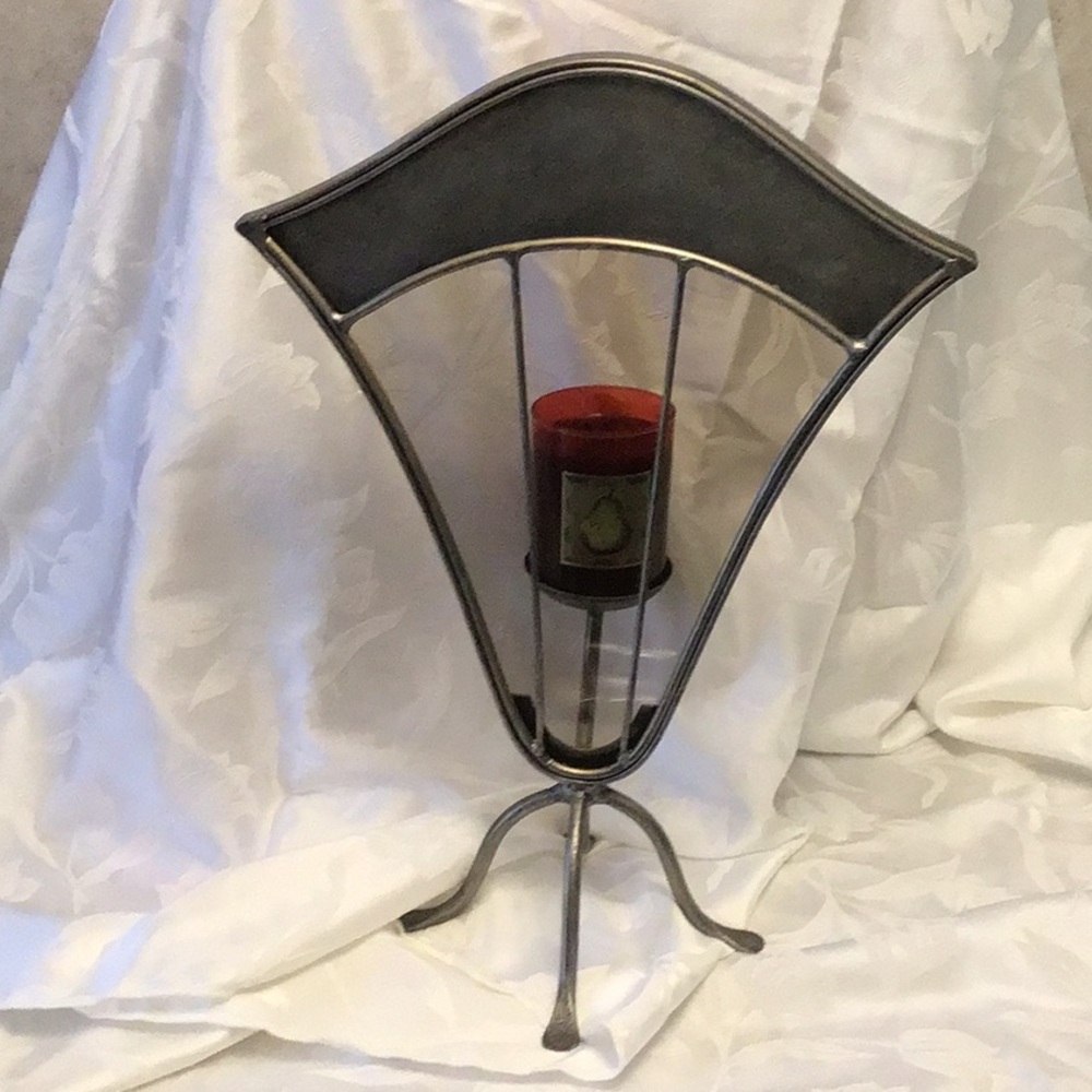 Unique Bombay Pewter Candle Holder
21” high; 14 1/2” wide; 11” front to back.